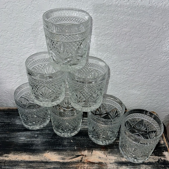#A96 Luminarc 'antique'crystal clear lowballs rocks drinking glasses Set of 7